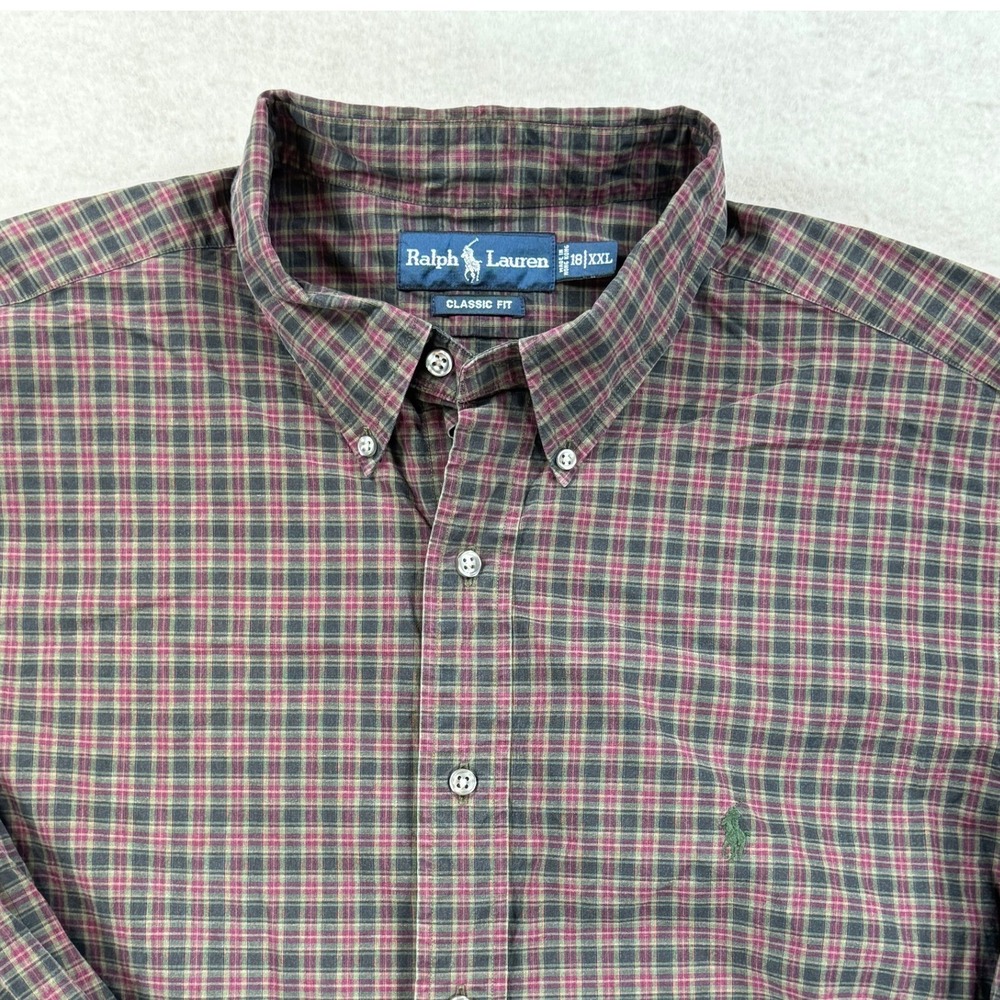 Ralph Lauren Mens XXL Plaid Button Down Shirt Classic Fit Burgundy Green 18 XXL